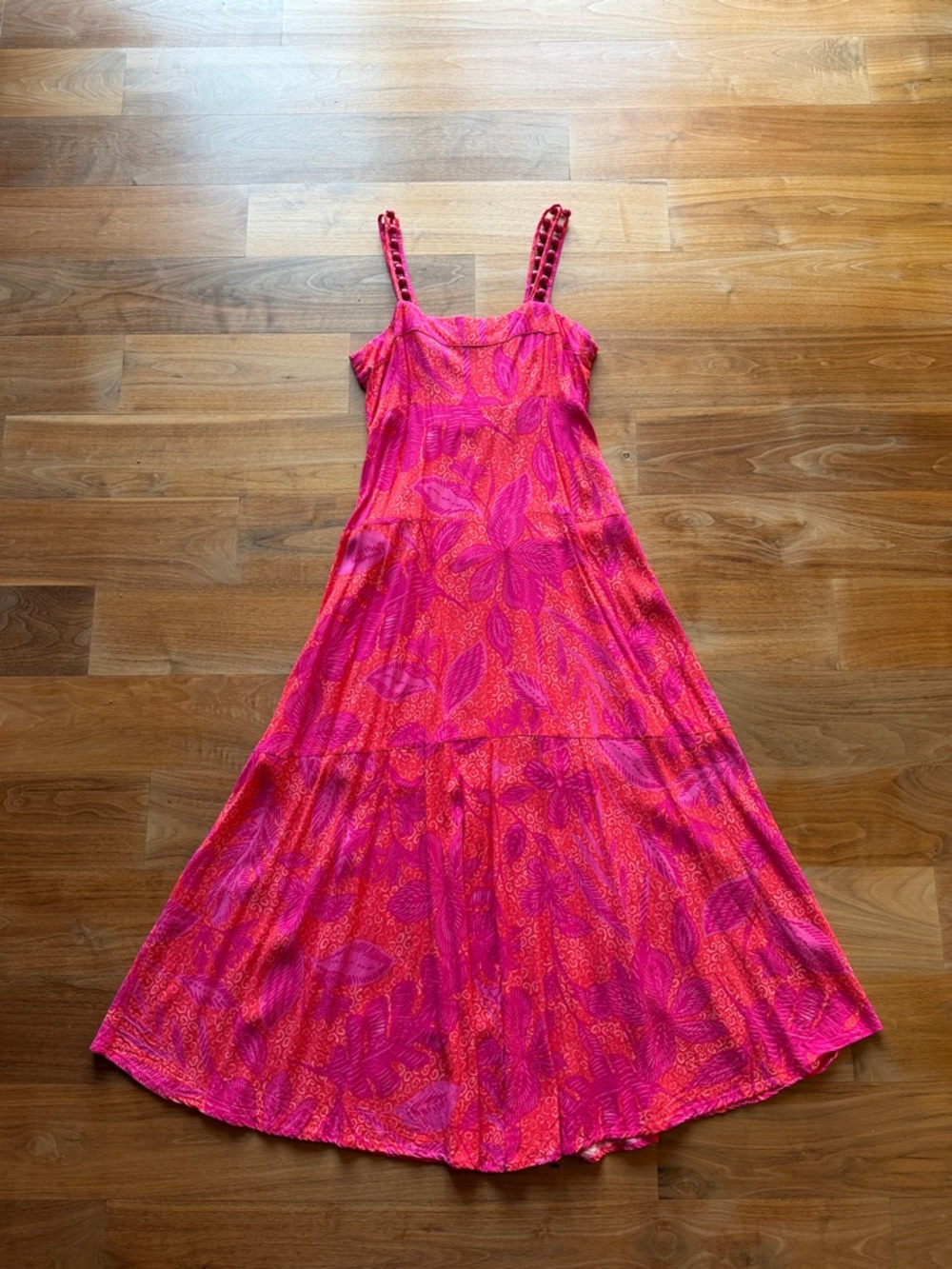 Bright Pink & Coral Patterned Maxi Dress with Strappy Detail